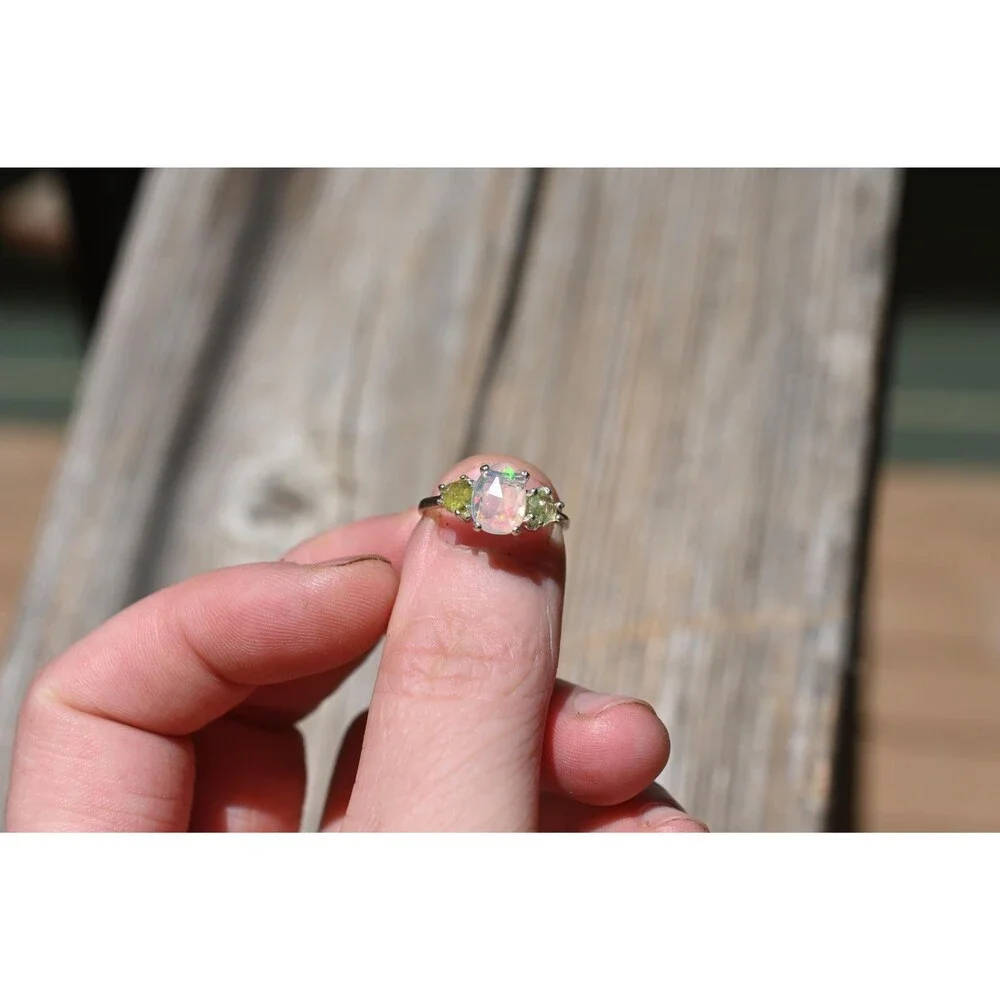 Engagement ring Opal & Peridot Ring in Sterling Silver – Unique Fire Play Engage
